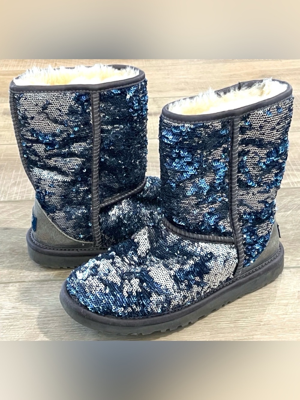 UGG Sequin Classic Short Boots in Blue and Silver